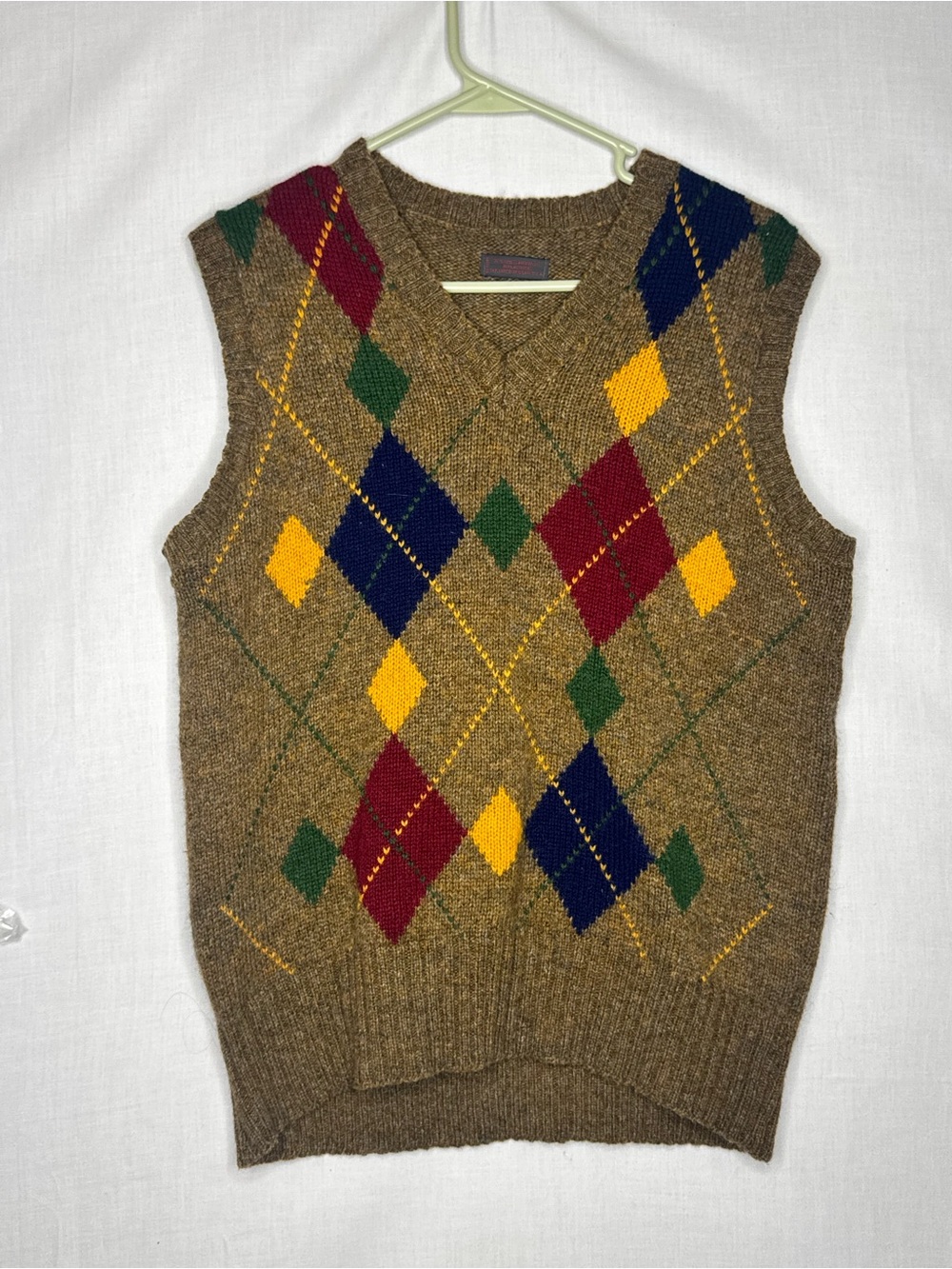 Vintage John Weitz Mens Shetland Wool Argyle Sweater Vest Brown Preppy Academia